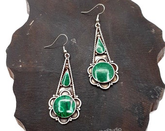 Tibetan Malachite Drop Earrings, Boho Earrings, Ethnic Silver Nepali Gemstones Bohemian Mandala Jewelry Gift