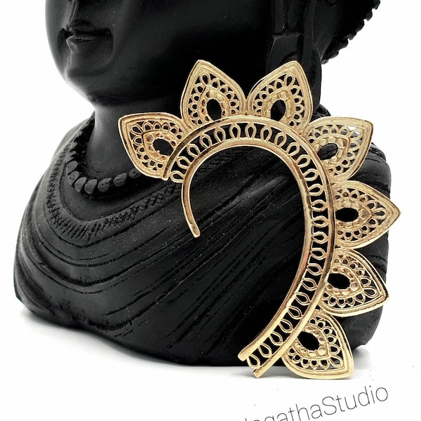 Ear cuff Ethnic boho leaves festival ear cuff wrap behind the ear swirls handmade Hippie earring Tribal gold brass