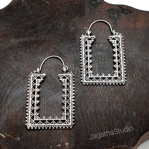 Rectangular Hoop Earrings Silver Statement Filigree Earrings Bohemian
