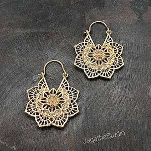 Mandala Earrings, Stunning Golden Hoop Earrings, Medium Sunburst Earrings, Bohemian Hippie Chic Jewelry
