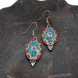 Tibetan Earrings Ethnic Turquoise, Coral, Lapislazuli Golden Inlaid Boho Drop Earrings Bohemian Dangle Nepal gift