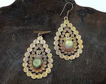 Gold Labradorite Drop Earrings, Boho Earrings, Ethnic Gemstones Bohemian Jewelry gift