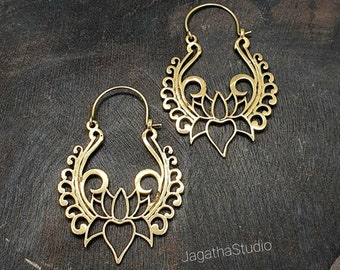 Lotus Flower Earrings Hoop Luck Flower Earrings Large Sacred Bohemian Hippie Chic Gold Jewellery gift