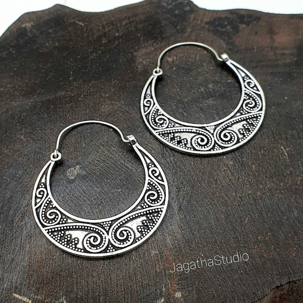 Silver Hoop Vintage Earrings Ethnic Rajasthan Mandala Silver Bohemian Hippie Chic Jewelery gift for her