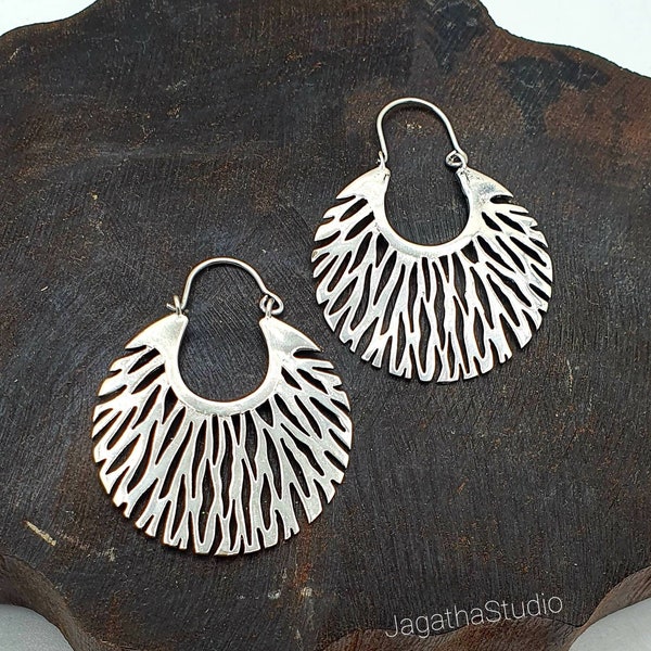 Coral Reef Hoop Earrings Bohemian Filigree Style Silver Brass Earrings