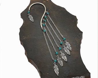 イヤーカフ ターコイズ フェザー チェーン エスニック イヤーラップ 耳の後ろのイヤリング ボヘミアン 女神 フェスティバル