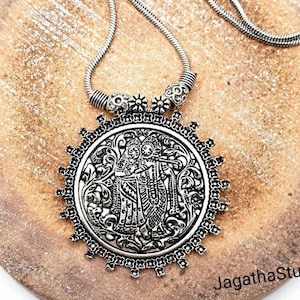 Vintage handmade necklace pendant  Krishna playing his flute with his wife Tribal Banjara Hindu Hare Krishna Yoga OM