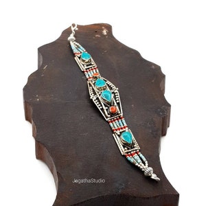 Tibetan Bracelet Turquoise and Coral Bracelet Stunning Ethnic Bangle Statement With Gemstones Beads Nepali Cuff Jewelry gift