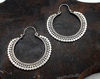 Silver Hoop Earrings Ethnic Mandala Earrings Geometry Bohemian Jewellery Hippie Chic gift for her