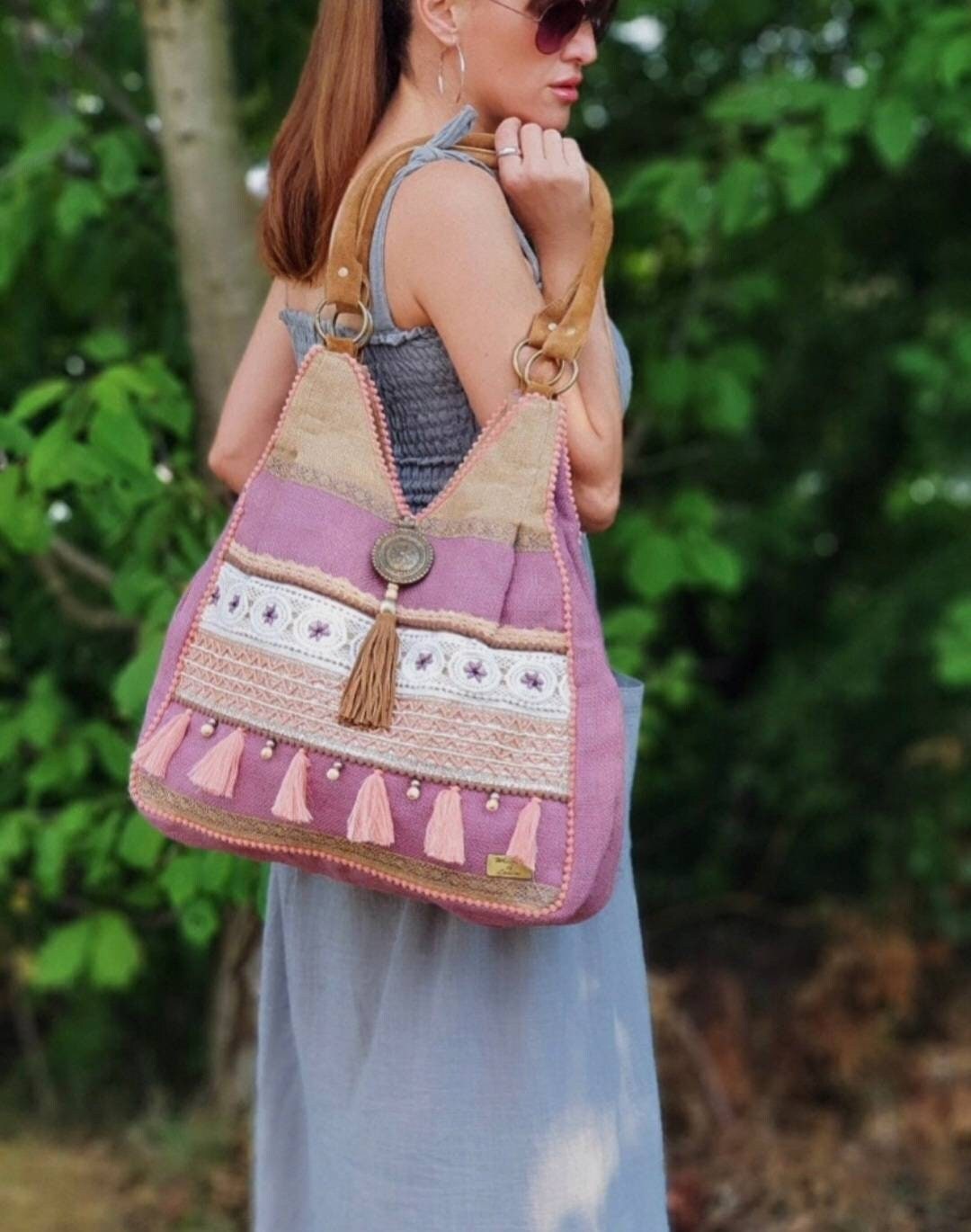 Bohemian Shoulder Bag, Leather Handle and Tasel, Embellished Handbag