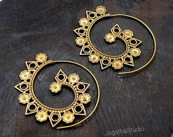 Gold Swirl Earrings Mandala Drop Earrings Floral Ethnic Jewelry Hippie Chic Round Earrings gift for her