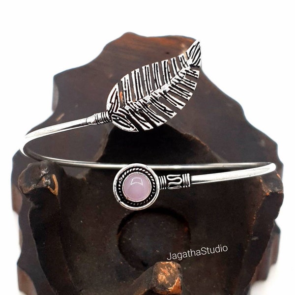 Silver Rose Quartz Adjustable Leaf Arm Bracelet Gemstones Upper Arm Bangle Cuff Armlet Tribal Festival Bohemian Jewelry gift for her