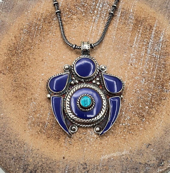 Collier Tibétain Lapis-Lazuli & Turquoise – Fait Main Népal 18 Pouces | Bijou Ethnique Cadeau