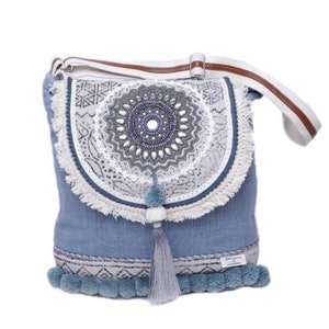 Boho Mandala Messenger Bag, gestickte Kristalle Schultertasche, Boho Handtasche, Leder Quasten & Perlen, Crossbody handgefertigte Tasche