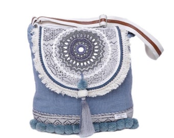 Bohemian Mandala Messenger Bag, Embroidered Crystals Shoulder Bag, Boho Handbag, Leather Tassels & Beads Crossbody Bag Handmade gift