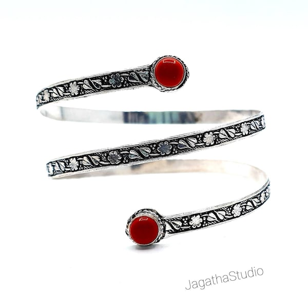 Silver Hippie Chic Arm Cuff Bracelet Armlet with Coral Gemstones Upper Arm Bangle Goddess Jewelry Adjustable, Gift