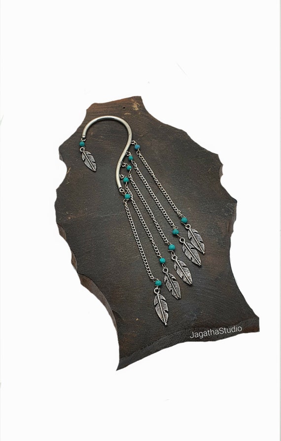 Ear Cuff Turquoise Feathers Chains Ethnic Ear Wrap Behind the Ear