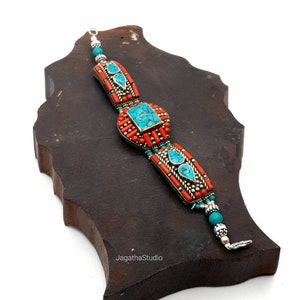 Tibetan Wide Bracelet, Turquoise and Coral Bangle, Statement Ethnic Bangle, Gemstones Inlaid Nepali Cuff, Tibetan Silver