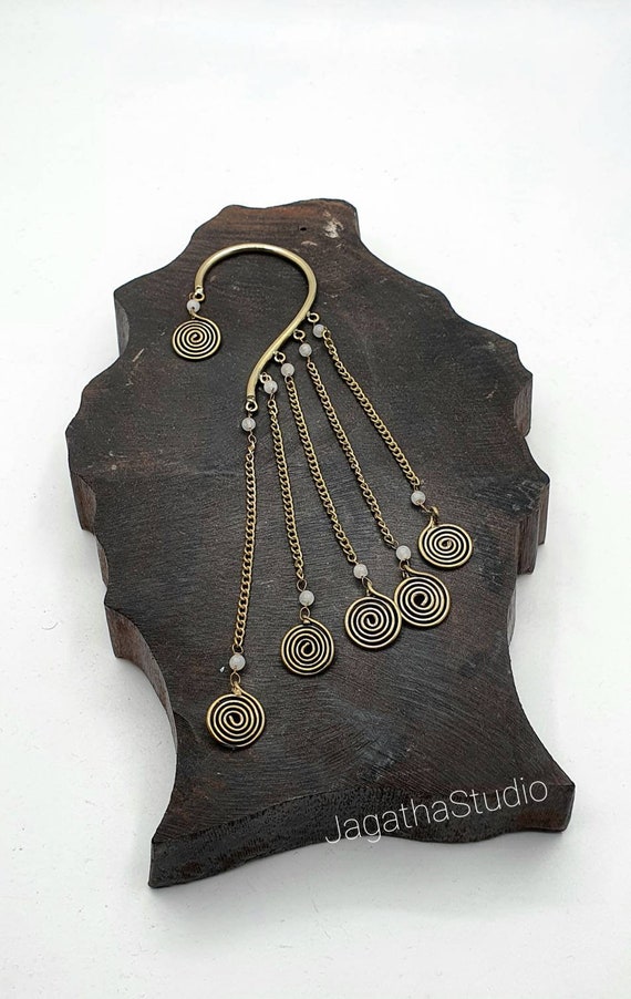 Gold Ear Cuff Swirls & Chains Quartz, Moonstone Gemstones Ethnic Ear Wrap  Behind the Ear Earring Boho Goddess Jewelry Gift - Etsy