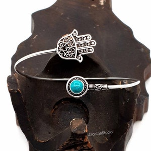 Silver Arm Cuff Turquoise Hamsa Hand Adjustable Boho Hippie Bracelet Boho Upperarm Protection Amulet Armlet Bangle Jewelry gift