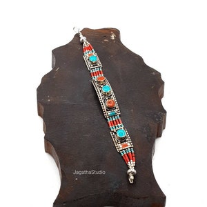 Tibetan Bracelet Turquoise and Coral Bracelet Stunning Ethnic Bangle Statement With Gemstones Beads Nepali Cuff Jewelry gift
