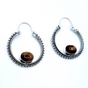 Silver Hoop Earrings Turquoise or Tiger Eye Hippie Chic Earrings, Ethnic boho Drop Earrings Bohemian gift for her