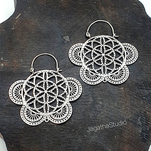 Silver Mandala Earrings Statement Flower Of Life Bohemian Sacred Geometry Galactic Tribal Hoop Boho Sunburst Earrings Hippie Chic gift