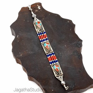 Tibetan Bracelet Lapislázuli, Turquoise and Coral Bracelet Stunning Ethnic Bangle Statement With Gemstones Beads Nepali Cuff Jewelry gift