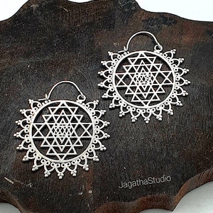 Sri Yantra Hoop Mandala Earrings, Sacred Geometry Sunburst Medium Yoga Hoops