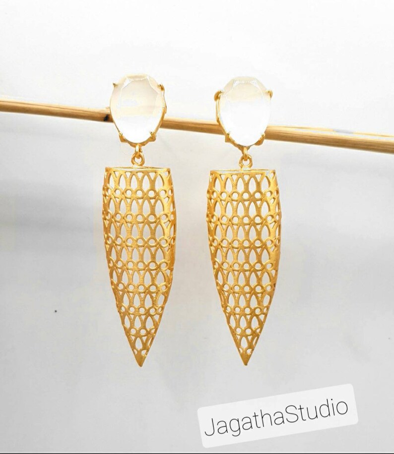 Beautiful gold plated geometric drop earrings design handcrafted with Quartz gemstones