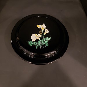 Vintage Melamine Spinning  Covered Lazy Susan Serving Tray, Black with Calla Lillies