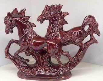 Mid Century Modern Ceramic Horse Sculpture Galloping Stallion Figurine Iridescent Red