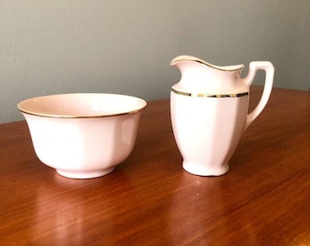 Vintage Pale Pink  with Gold Trim China Creamer and Sugar Bowl Made in Czechoslovakia