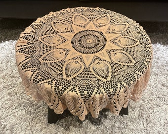 Vintage Handmade Crochet Peach Round Tablecloth, Dollie