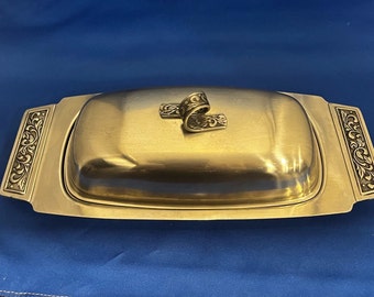Vintage Mid Century Modern MCM Edelstahl Butterdose mit geschlungenem Griff am Deckel