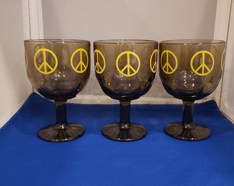 Vintage  Glass Peace Sign Drinking or Dessert Goblets Set of 3, Brown with Yellow Peace Sign