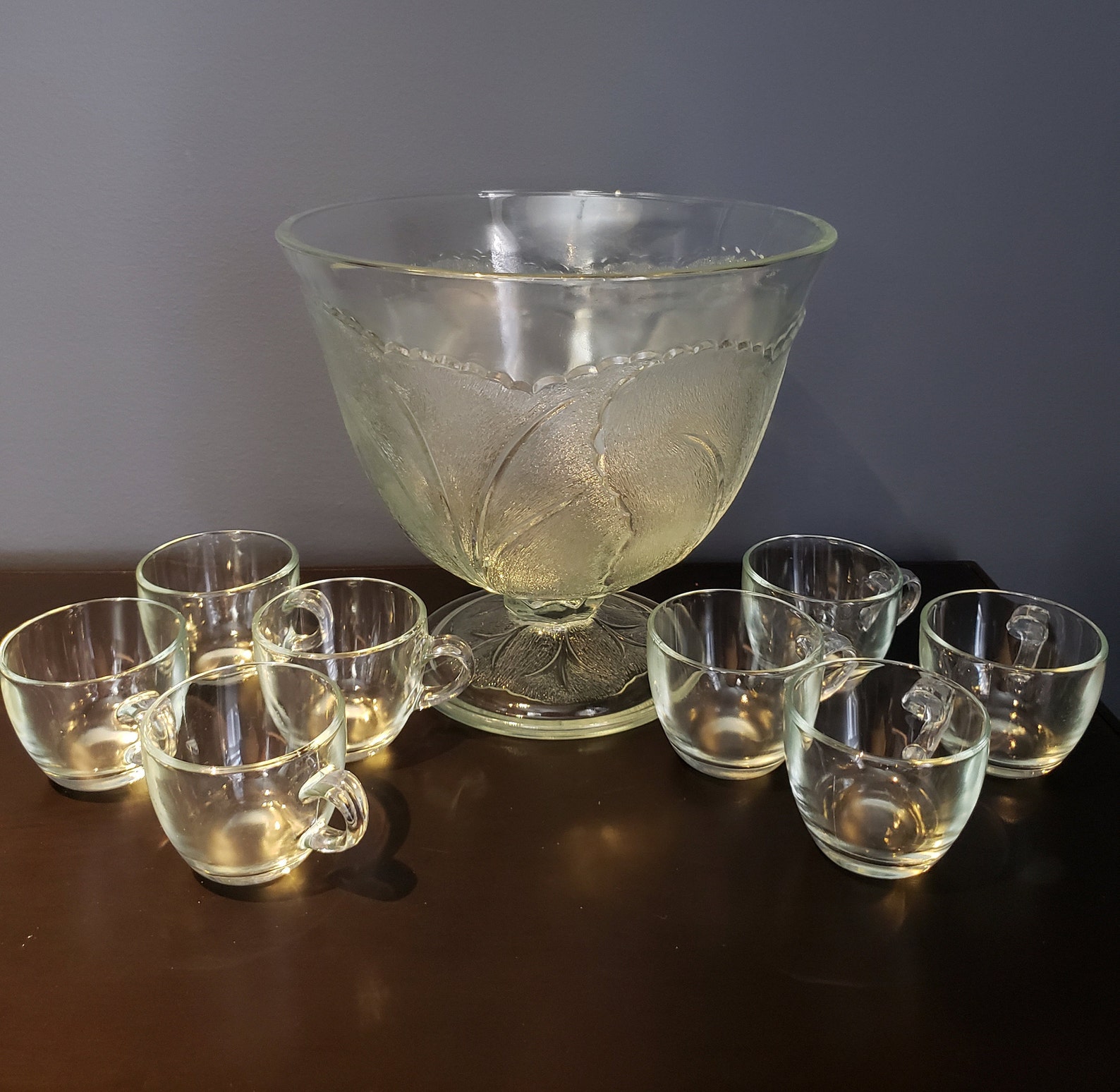 Vintage Large Glass Punch Bowl with 8 cups Leaf Motif Etsy