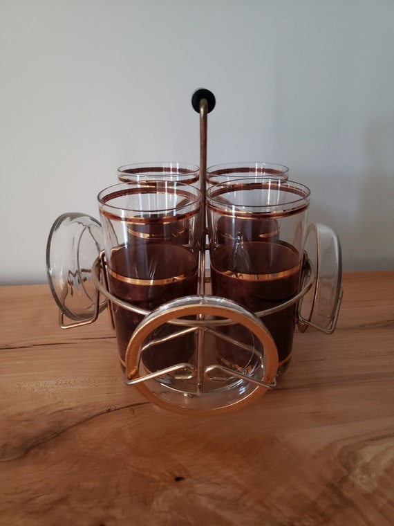 Vintage MCM Drink Caddy / Set of 4 Tumblers Gold Trim Wood Grain Pattern/ 4  Gold Trim Coasters - Etsy Canada