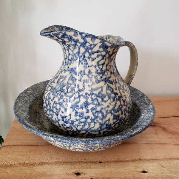 Robinson Ransbottom Pottery RRP Blue Spongeware Pitcher Washbowl 3qt Ewer Basin Made in the USA