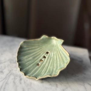 Handmade Ceramic Clam Shell Light Green Soap Dish Rustic Bathroom Soap Dish, Modern Home Decor Gift Idea Contemporary Ceramics Sea Inspired