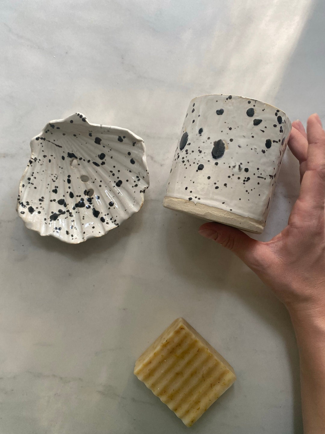 Handmade Ceramic Bathroom Set White With Black Dots Bath Etsy