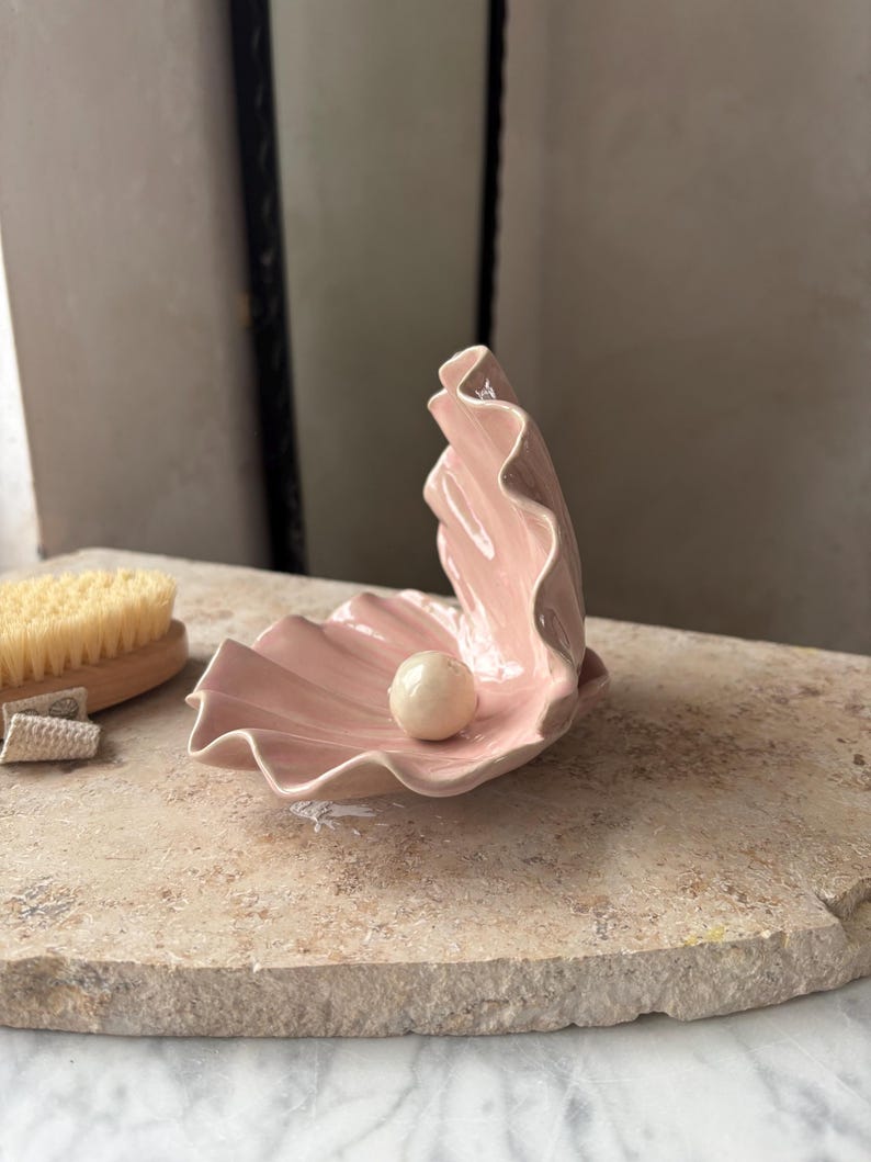 Ceramic Double Lily Pink Glamor Clam Shell with Pearl, Handmade Jewelry Dish Ring Holder, Ring Dish Wedding Gift Idea, Tray for Trinkets image 1