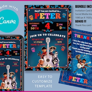 Coco-Einladung, Coco-Geburtstagseinladung, personalisierte Canva-Vorlage, digitaler Download, Kindergeburtstagseinladung, Kinder Bearbeitbare Einladung Bild 1