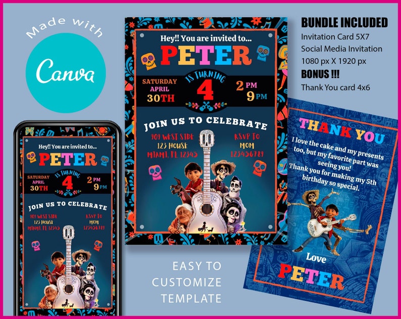Coco Invitation, Coco Birthday Invitation, Personalized Canva Template, Digital Download, kids Birthday Invitation, kids Editable invitation image 1