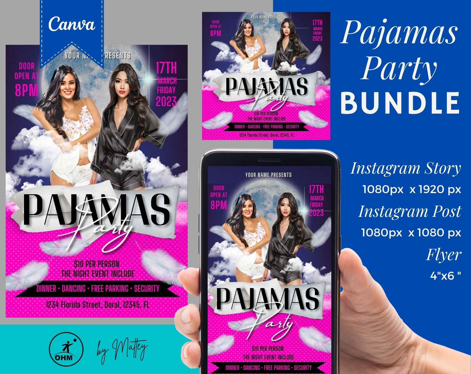Pajama Party Flyer Template, Canva Template, Club DJ Party Flyer, Night Pajama Party Flyer Template, Canva Template, Club DJ Party Flyer, Night