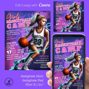 Plantilla de FLYER DE BALONCESTO PARA NIÑAS, Plantilla de entrenamiento, Folleto de bricolaje, Clínica de baloncesto, Evento de baloncesto, evento de la NBA, Plantilla Canva