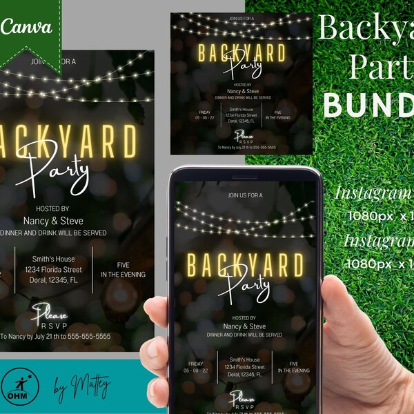 Backyard Party Invitation Template, BBQ Party Invitation, Barbecue Invitation, Backyard Bonfire, Backyard Nights, String Lights Invite