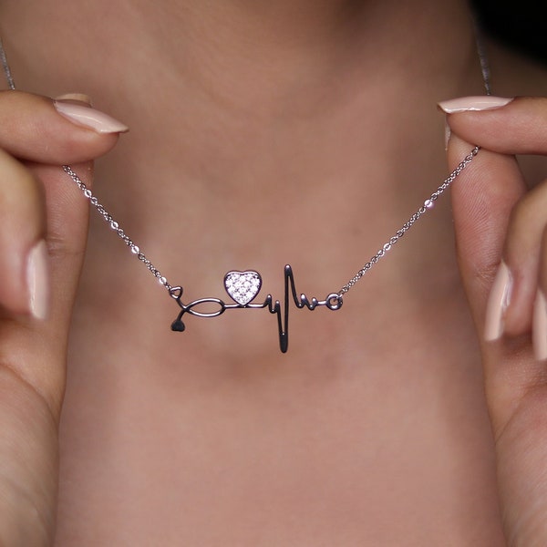 CZ Heartbeat Necklace, Custom Heartbeat Jewelry, Dainty Charm Necklace, Heartbeat Pendant, Gift For Nurse, Doctor Jewelry, Fashion Necklace