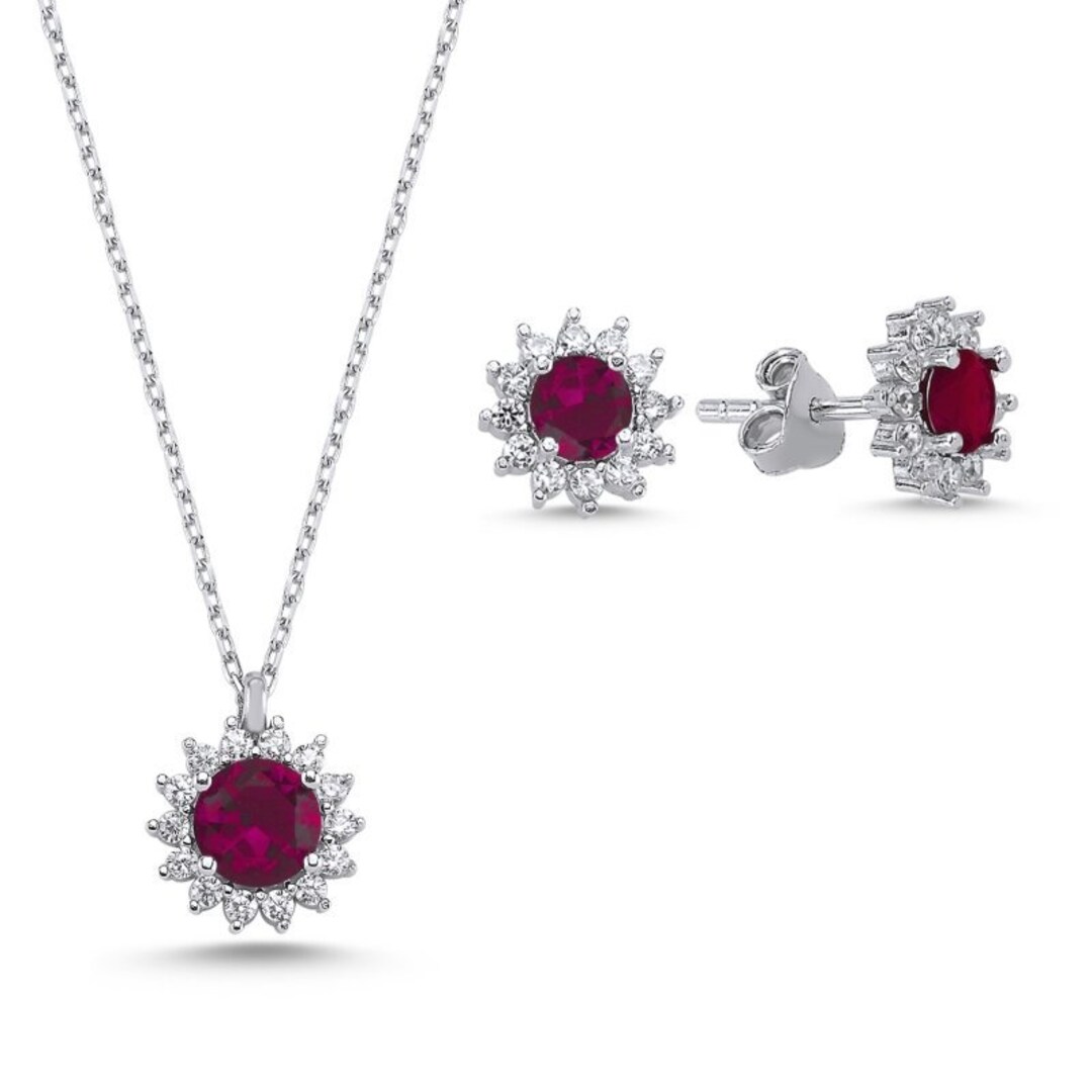 Round Ruby CZ Halo Sterling Silver Jewelry Set - Etsy