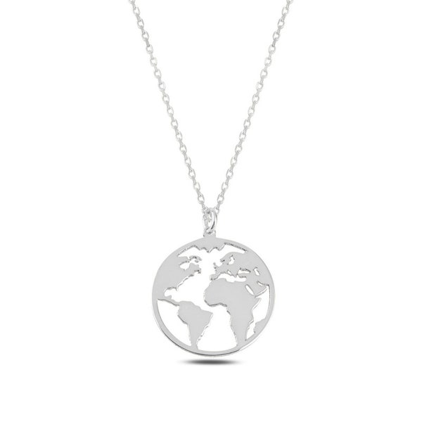 Collier carte du monde en argent sterling, collier globe-trotter, collier médaillon carte, collier médaille en argent 925, pendentif carte délicat, pour elle